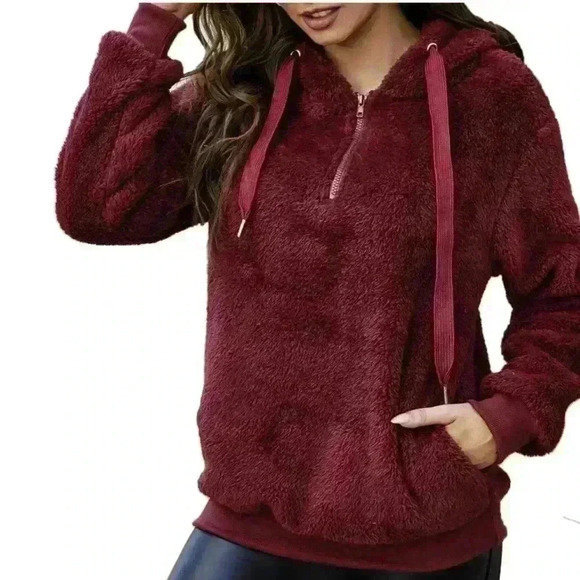 Temofon Sweaters - TEMOFON | Women's Burgundy Oversized Comfy Fleece Pullover  Hoodie